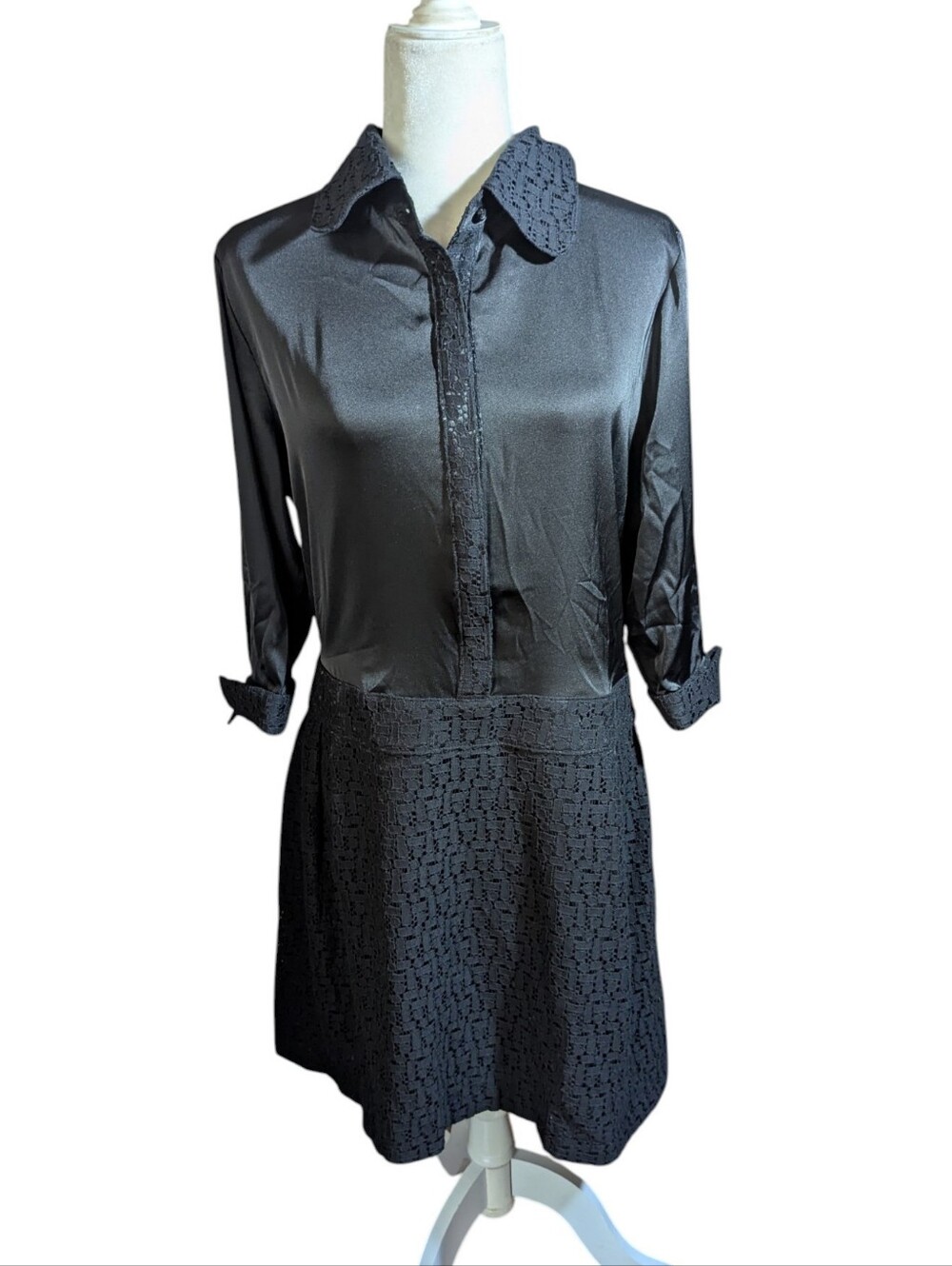 New Y2k Spiegel Black 3/4 Sleeve Shirt Dress Satin/Lace Textured Skirt NWT Sz 12